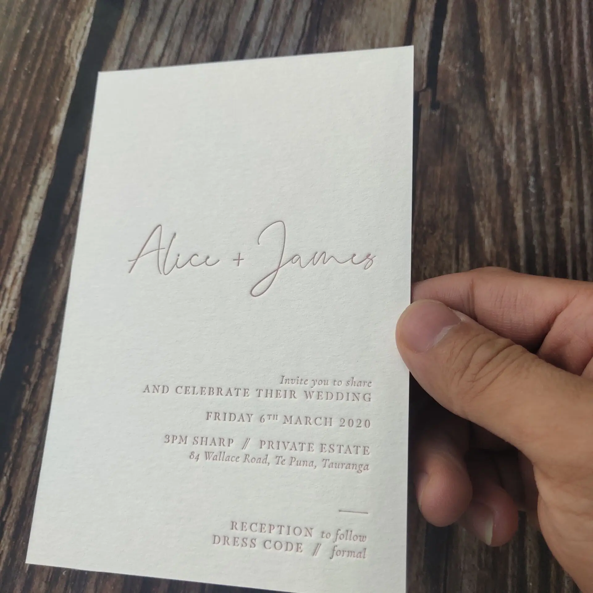 4" x 6" invitation requires rose gold stamp