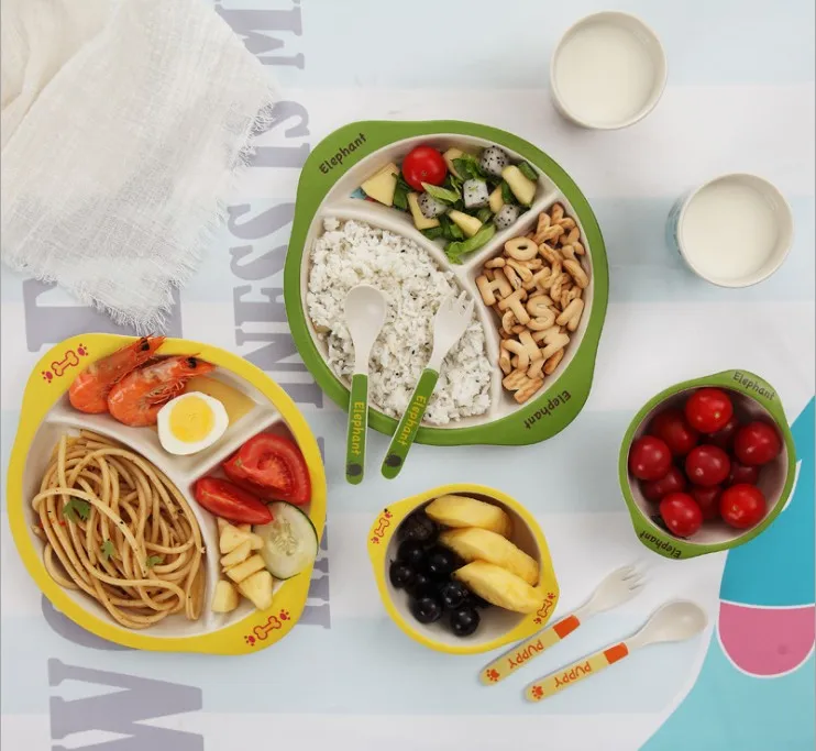 Cute  Lion Bamboo Fiber Children Tableware Set  Eco-Friendly Rice Bowl Cartoon Elephant Kids Dinnerware Baby Salad Plate
