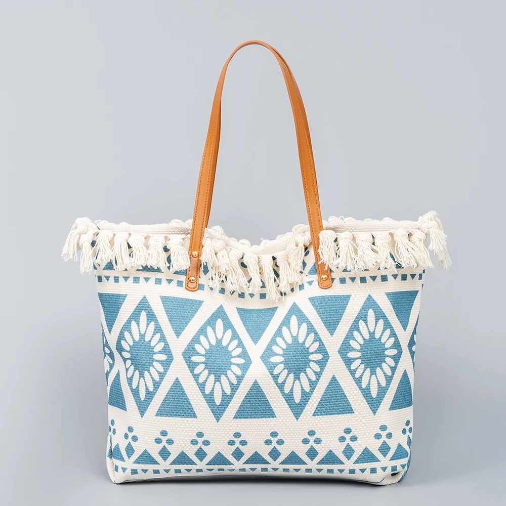 Tassel printed canvas bag female processing tote bag high-grade sense large capacity European and American handbag bag female