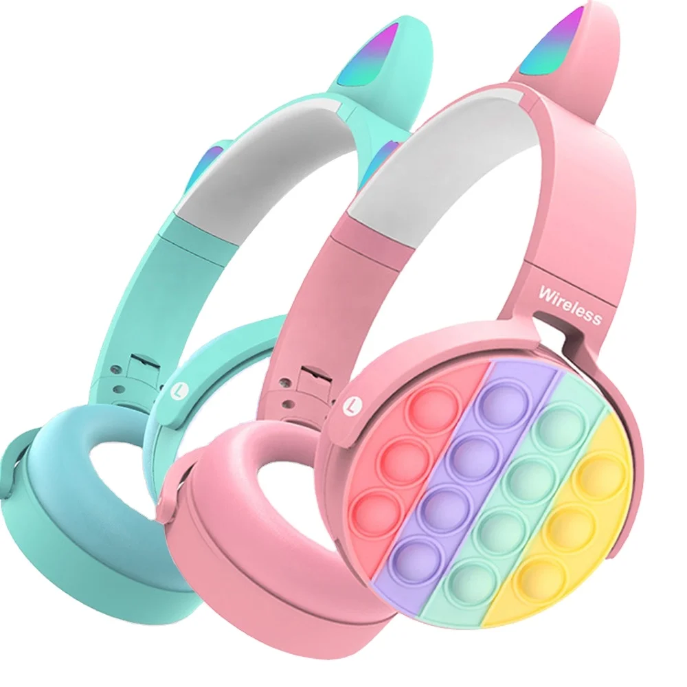Wholesale Stock Christmas Gift LED Lights Headset Auriculares Push It Bubble BT Cat Ears Headphone Wireless for Kids