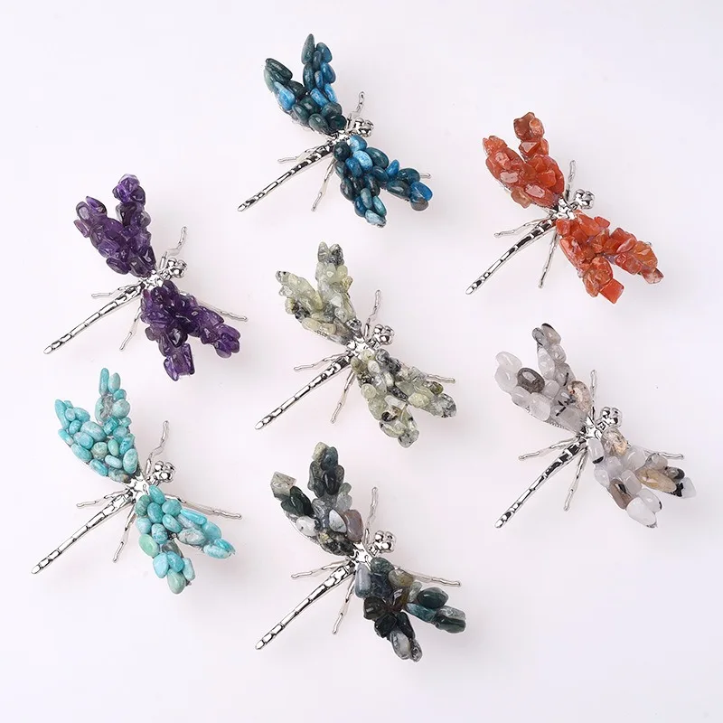 Natural Mini Dragonfly with Gemstone Wings Amethyst Jade Gravel Raw Stone dragonfly Handmade Spiritual Jewelry