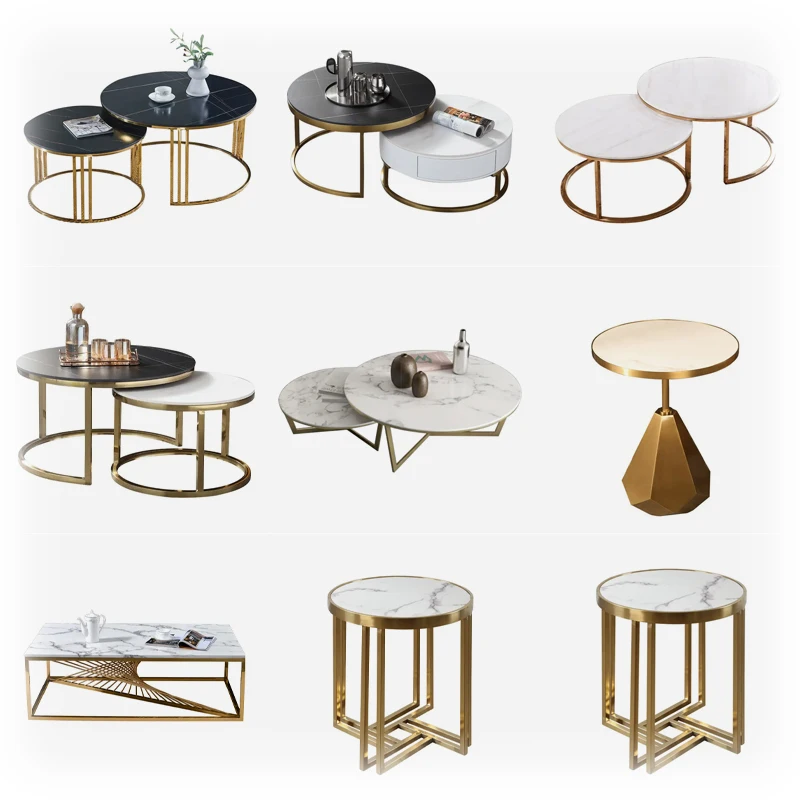 Customized Sofa Side Round Marble Table Top Movable Balcony Tea Table All metal base Sofa Side Table