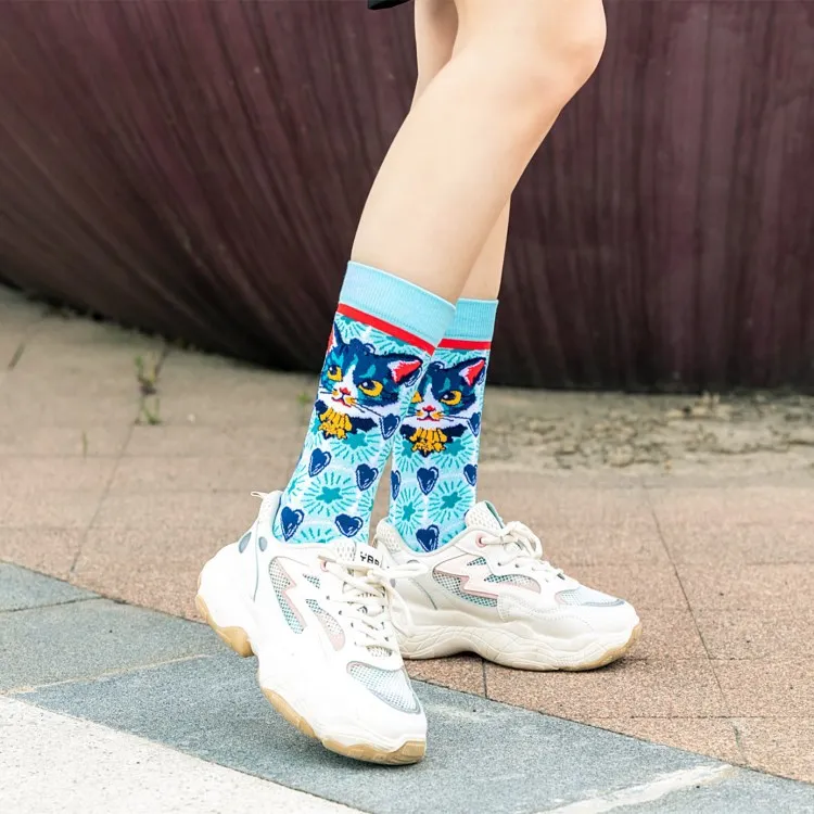 2021 Wholesale  Japanese Style Fashion Cute Cartoon Breathable Cotton Cat Animal Women Calcetines Tube Crew Socks