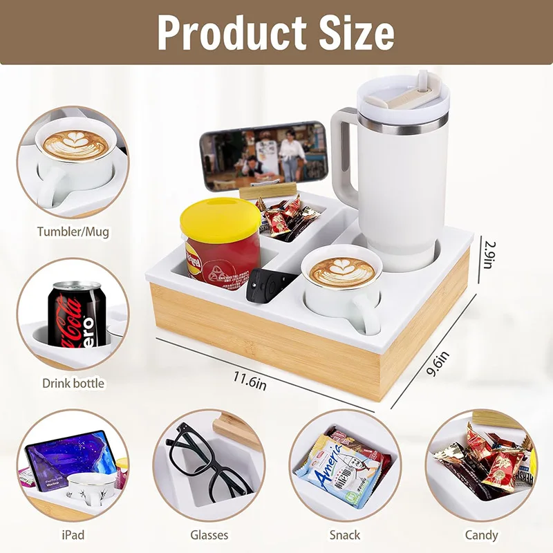 Tray Soft Silicone Bamboo Drink Holder for Sofa Bed Organizer with Snack Coffee Cup Mug Insert Holders