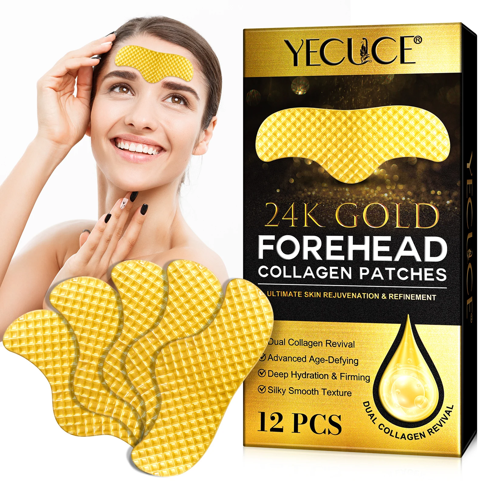 YECUCE aloe vitaminer deep hydration firming forehead anti wrinkle collagen skin patch forehead wrinkle patches collagen gold