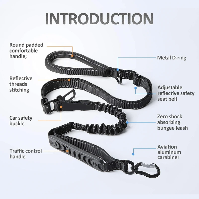 
6FT Strong Nylon Dog Leash with Highly Reflective Threads and Bungee Buffer Leash and padded handle,dog car seat belt 
