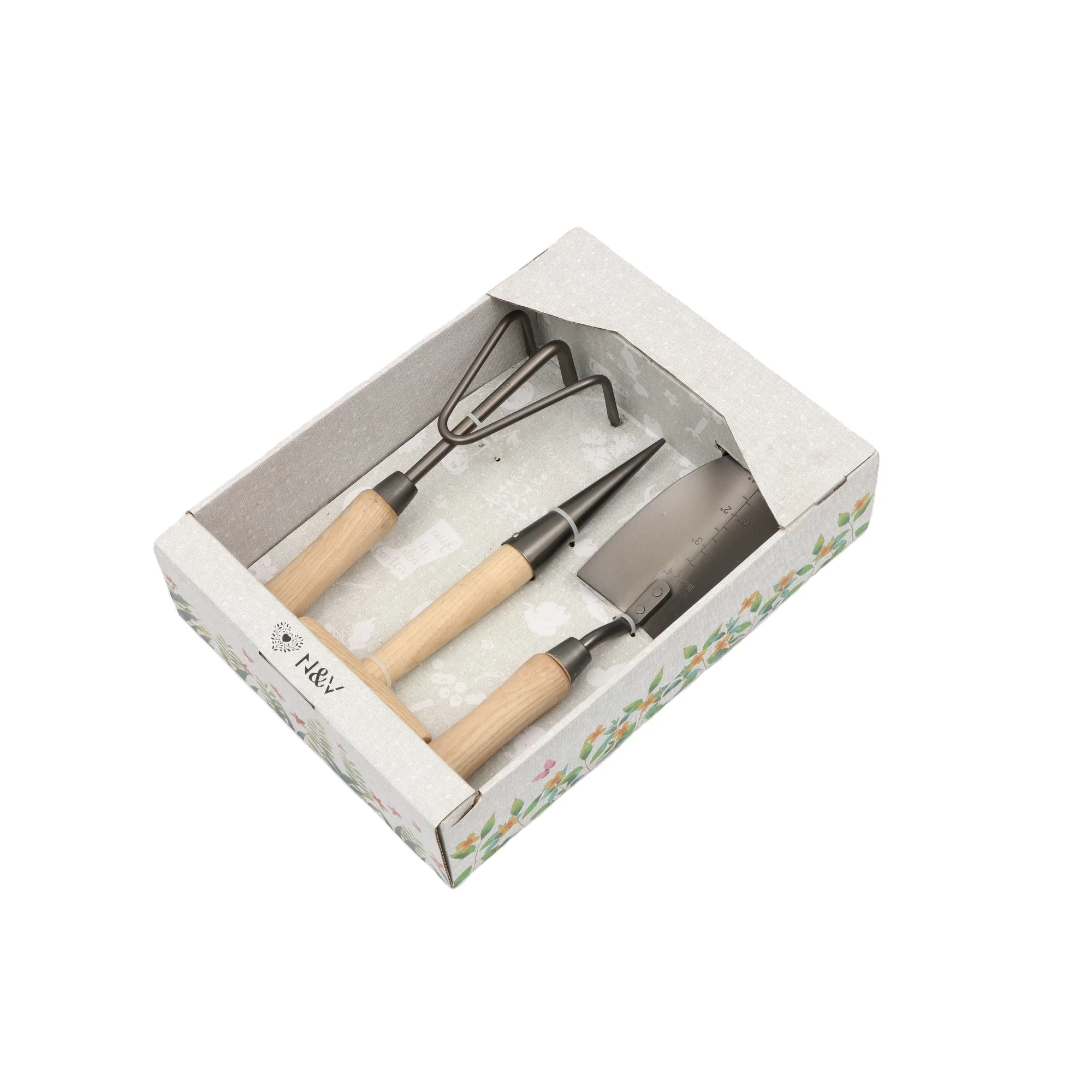 Multifunctional Green Floral Stainless Steel Spade Seed Hand Dibber 3 Teeth Rake Lady Garden Hand Tools Set Kit