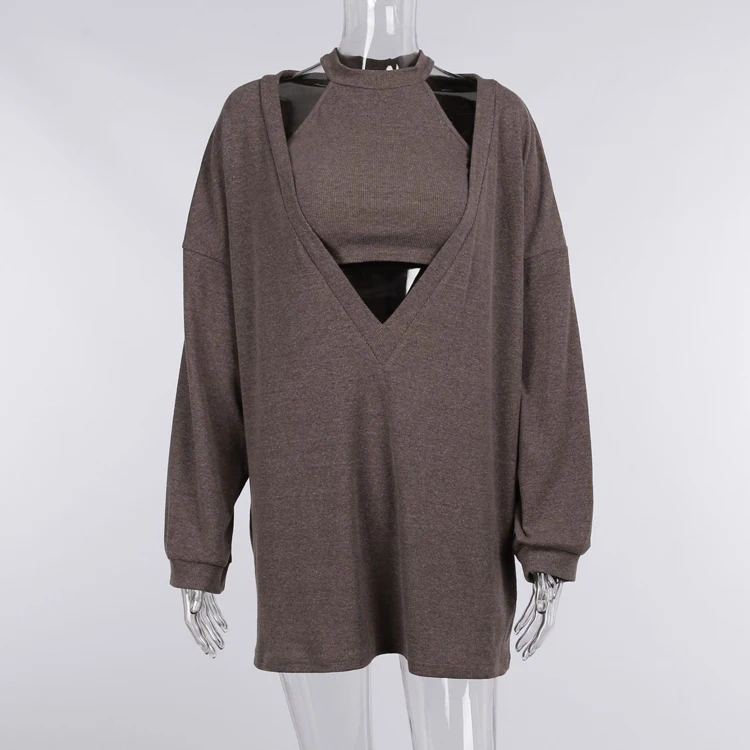 High Quality Gray Halter 2 piece Ribbed Fall Outfits Loose Brown Fleece Hoodies Long Sleeve Tops For Women 2023