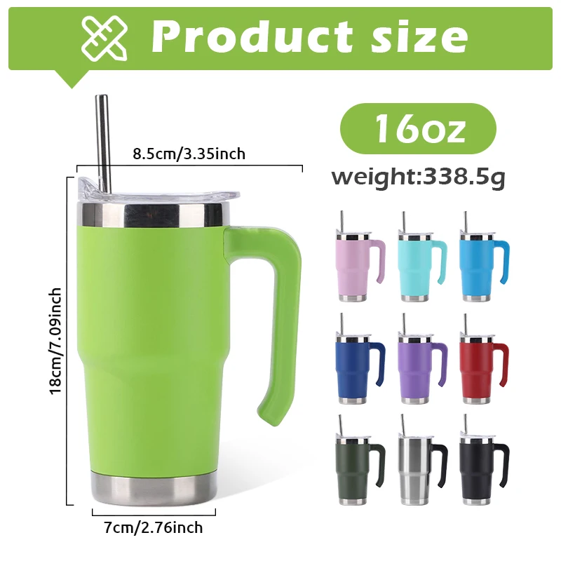 Ready to ship stainless steel insulated 16oz travel coffee mug custom logo double wall beer tumbler with handle and straw
