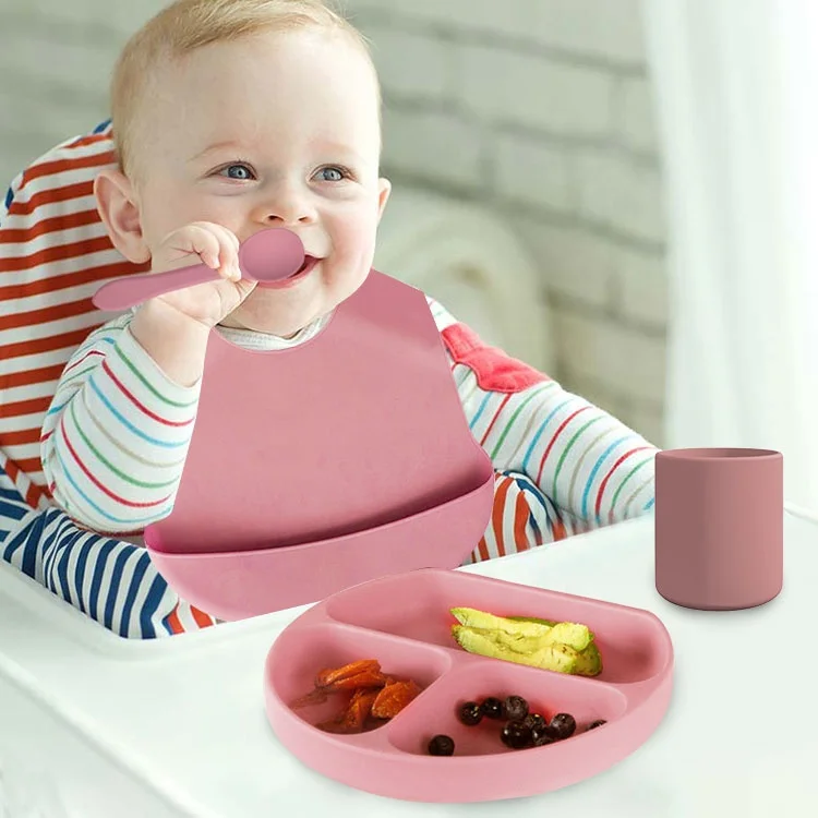 BPA FREE Platos de silicona Other Baby Feeding Products Silicone Bib Spoon Bowl Baby Suction Plate Cup Silicone Baby Feeding Set