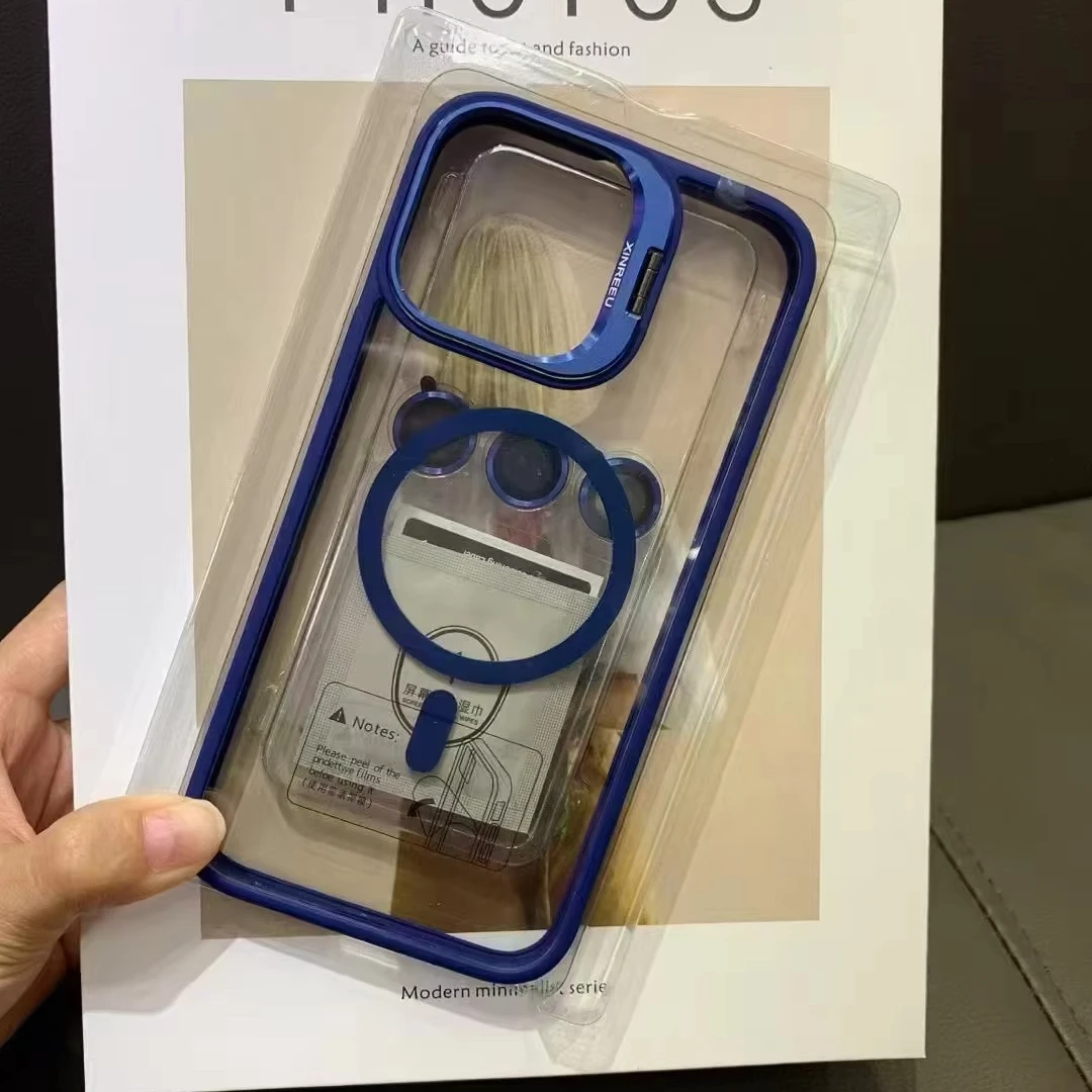 BAILI factory Color border Transparent acrylic magnetic 3 lens protective film stand cell phone case for Iphone 11 16 Pro max