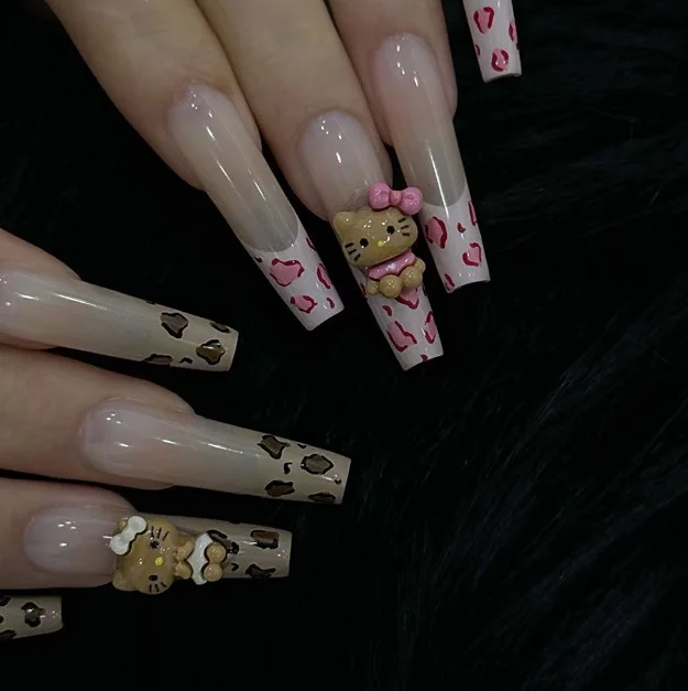 New French Gradient Leopard Kt Relief Sweet Cool Style Summer Black Skin Kitty Cat Bow 2D 3D Nail Sticker