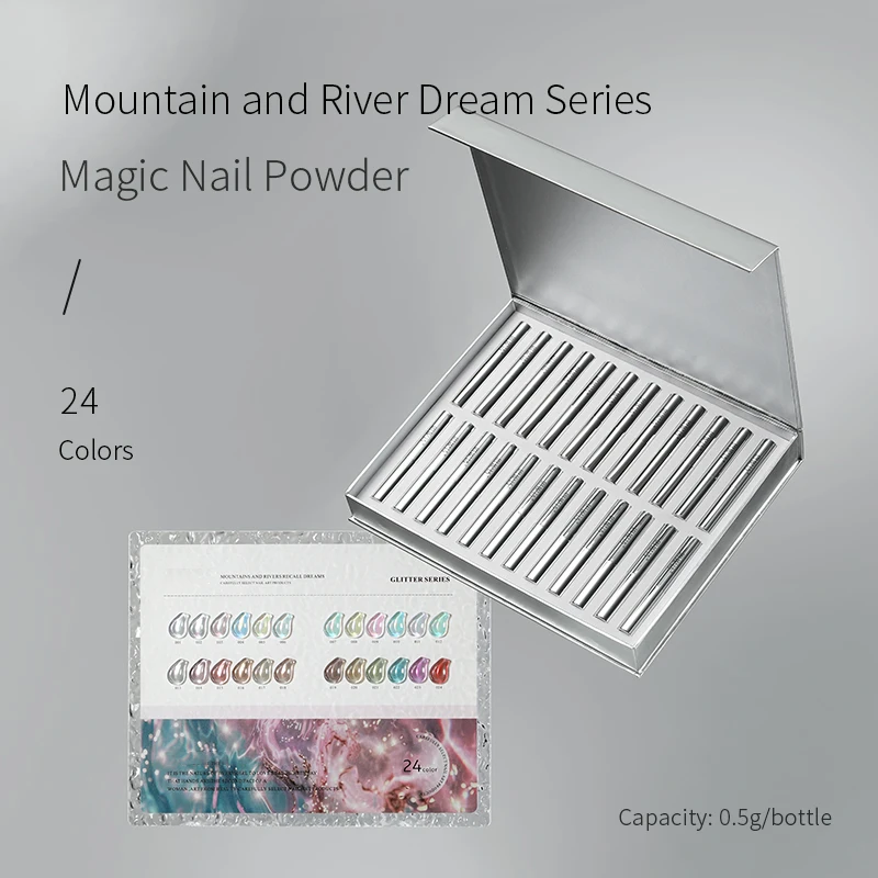 OEM 24 Colors Pearl Moonlight Metal Magic Mirror Powder Kit Aurora Effect Rainbow Mermaid Nails Powder