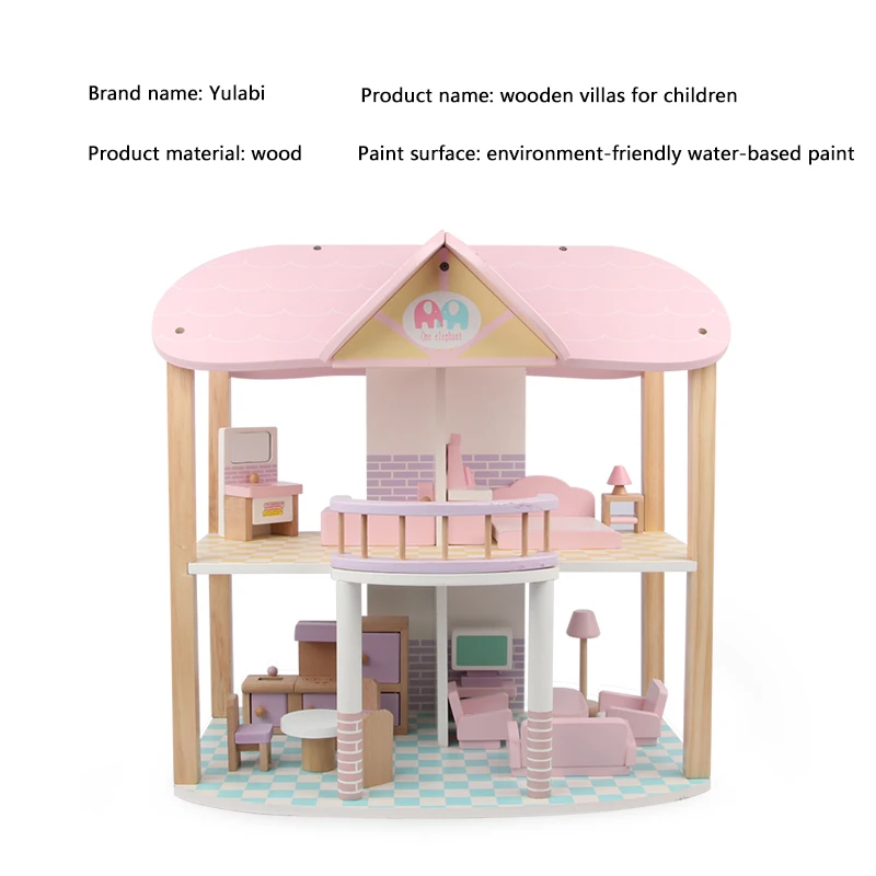 Kids Pretend Play Family Miniature Pink Dolls House Wooden Furnitures Toy Set Children Furniture Sets Bedroom Modern