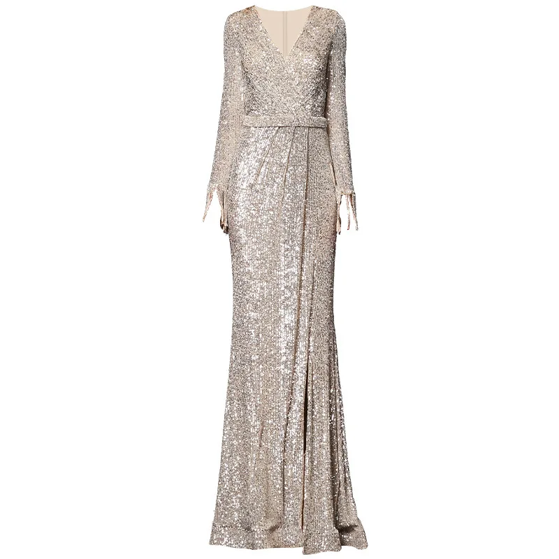 High end ladies sparkling long sleeve long sequined mermaid party dressing evening gowns dropshipping fullfill