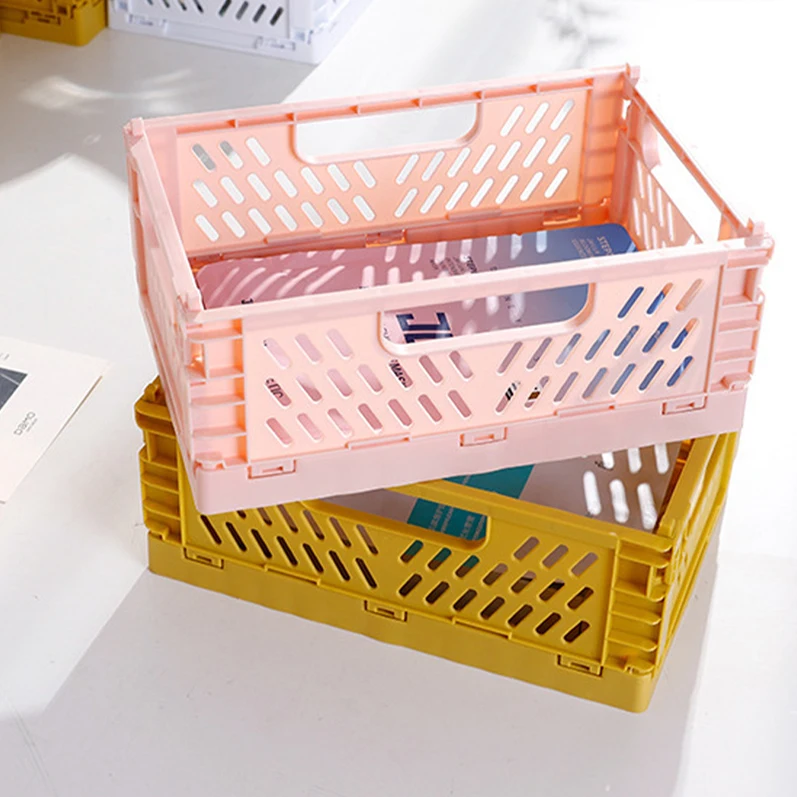 Foldable Storage Crates Small Basket Stackable Box Bin Mini Plastic PP Crates Organizer Collapsible Space Saving Green Gray Pink