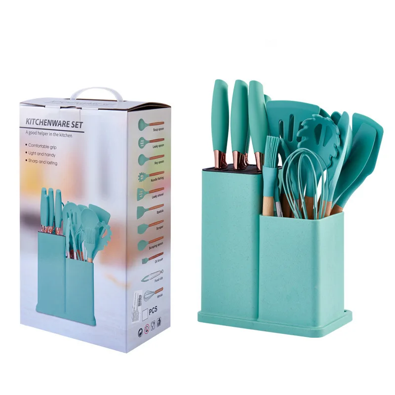 Custom 19-piece  of silica gel kitchen utensil  with wooden handle and cuttings board storage bucket kitchen gadget