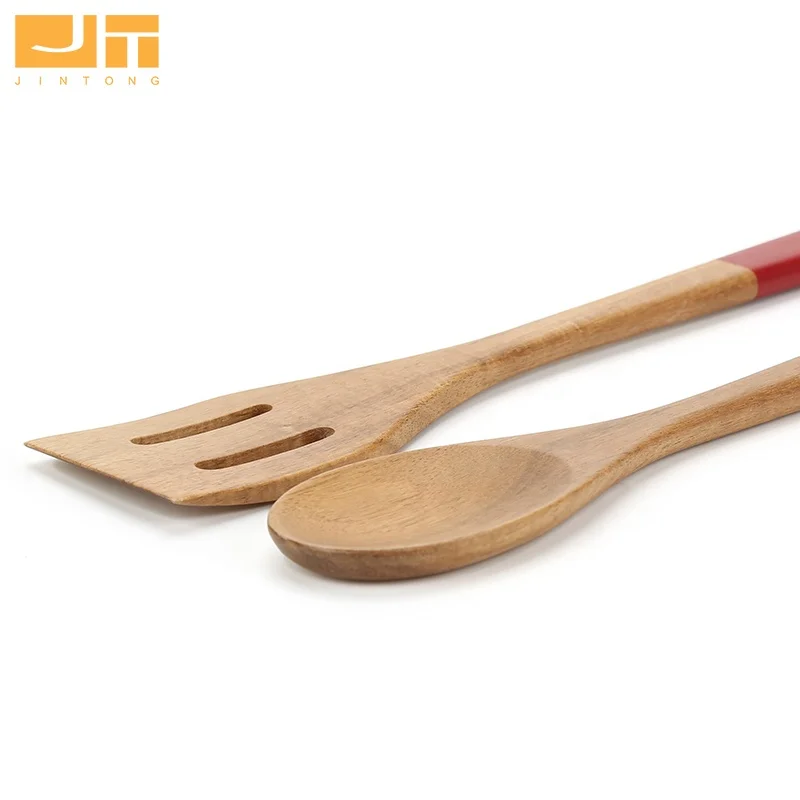 High Quality Acacia Wood Cooking Set 2Pcs Wooden Solid Spoon Slotted Turner Kitchenware With Color Printing Handle Hanging Hole