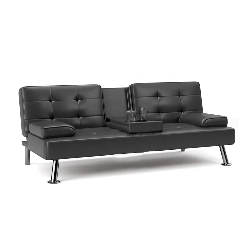Faux Leather Upholstered Modern Convertible Folding Futon Minimalist Simple Modern Living Room Sofa Bed