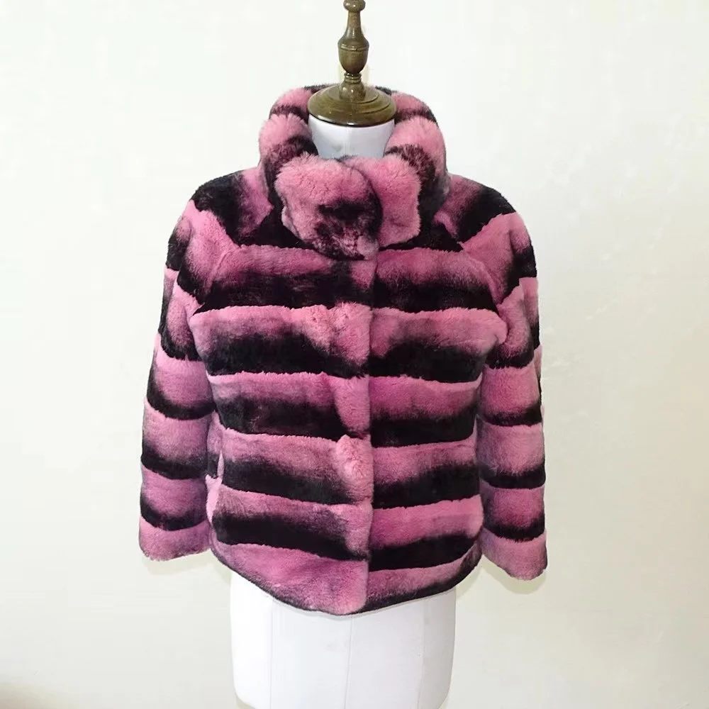 2023  High  level   Rex   dyed  Chinchilla  fur  coat   women  fur  coat  winter  Warm short  fur coat