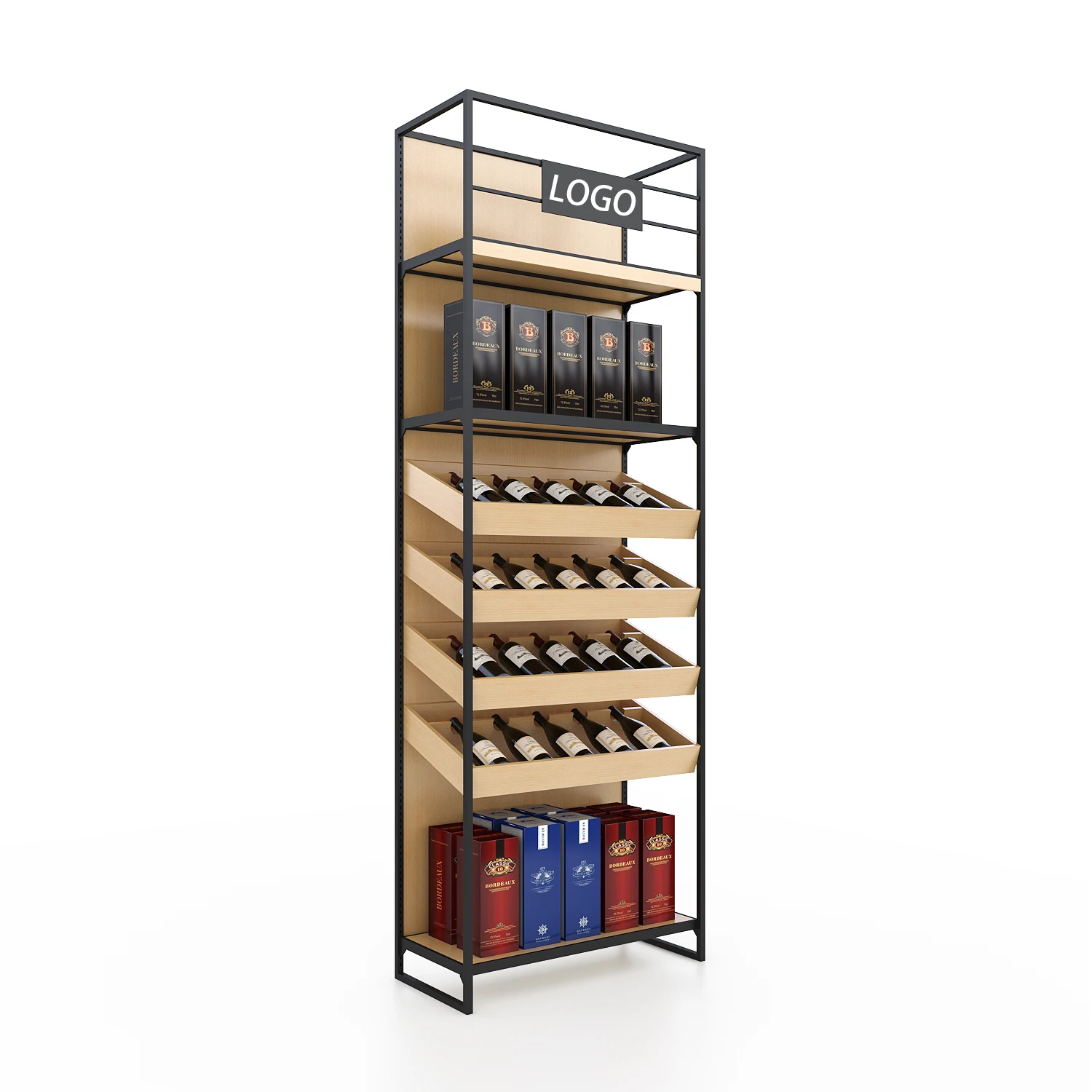 Assurance factory american wooden wine wall gondola supermarket shelves store and display metal stand for retail