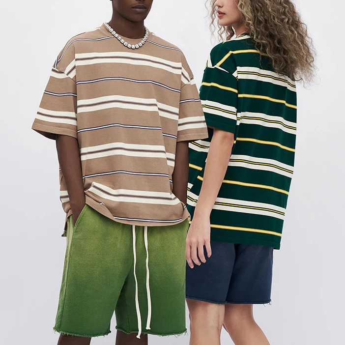 High quality color matching elastic short-sleeved striped color contrast casual tee cotton mens custom logo unisex basic t-shirt