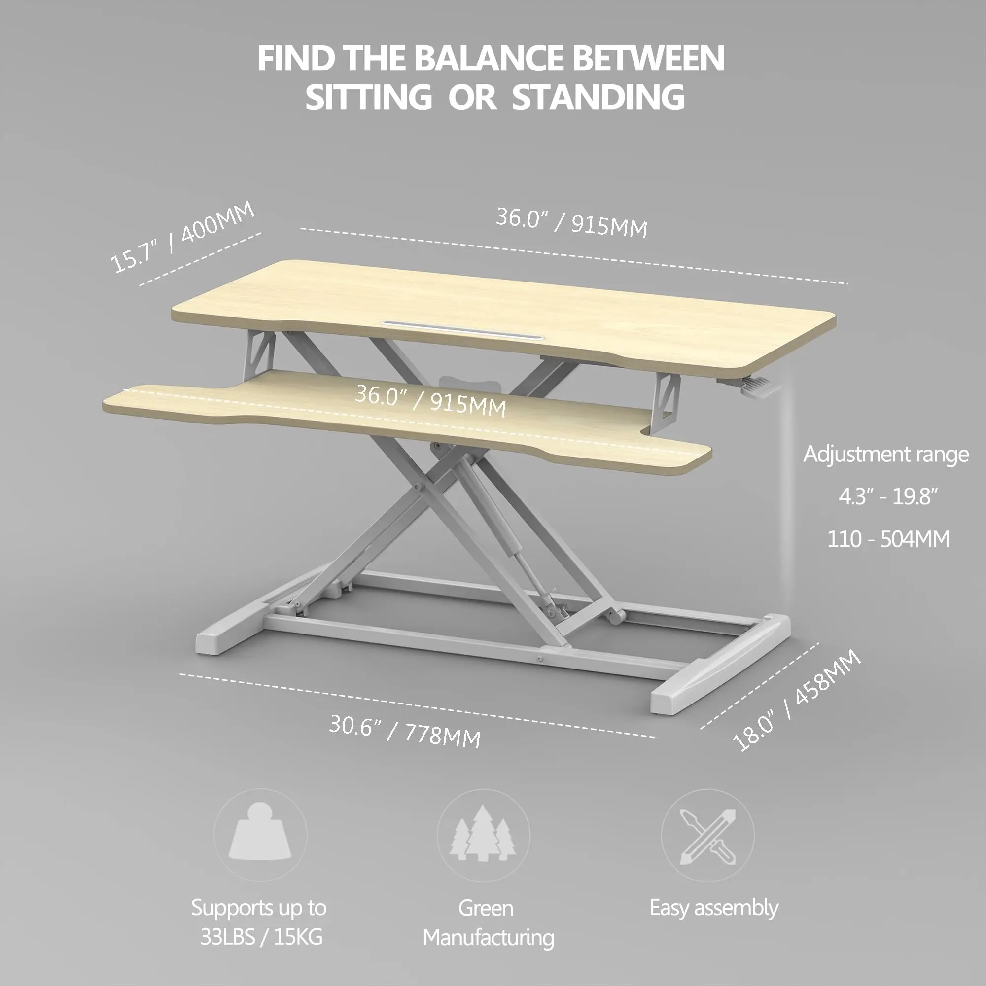 Height Adjustable 32 inch Stand Up Desk Converter Quick Sit to Stand Tabletop Dual Monitor Riser Workstation White