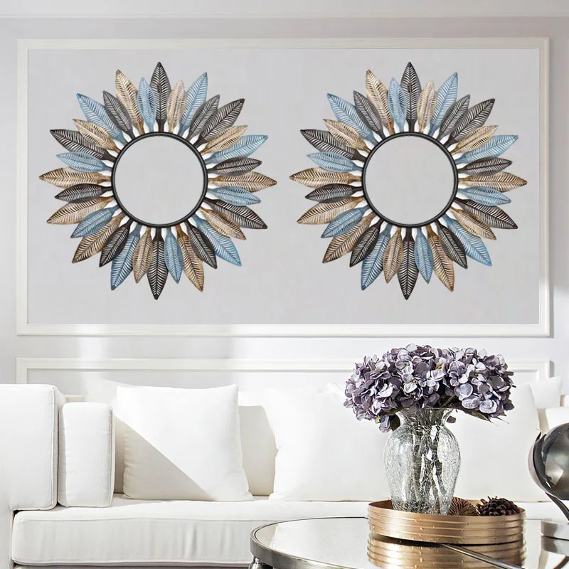 Wrought Iron Creative Retro Hollow Leaves Living Room Metal Art Mirror