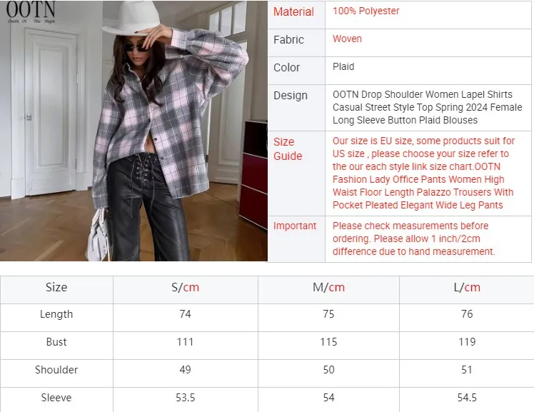 OOTN Drop Shoulder Women Lapel Shirts Casual Street Style Top Spring 2024 Female Long Sleeve Button Plaid Blouses