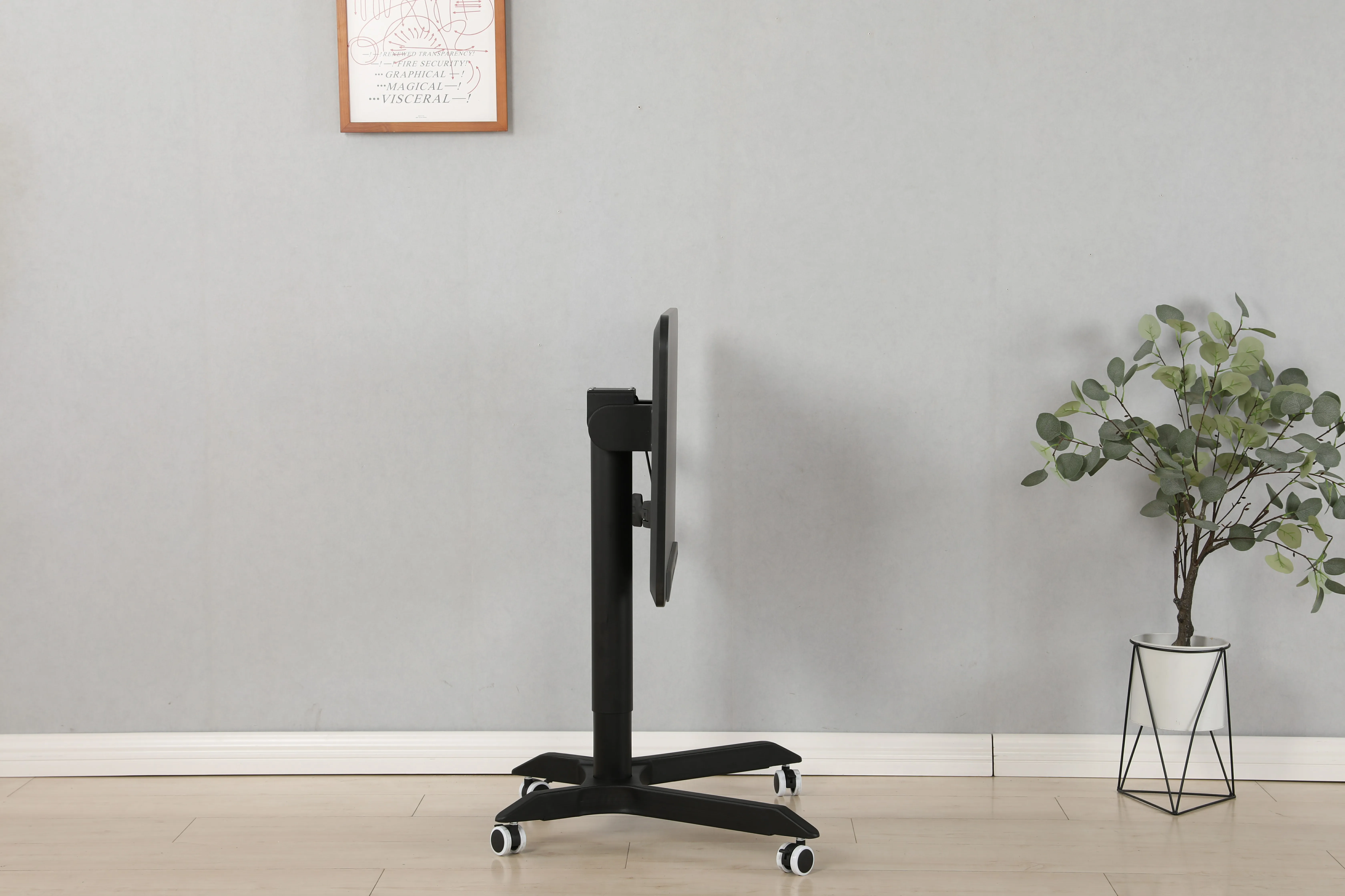 Pneumatic gas lifting height adjustable office work moving overbed table mobile standing desk with flip angle 0-90