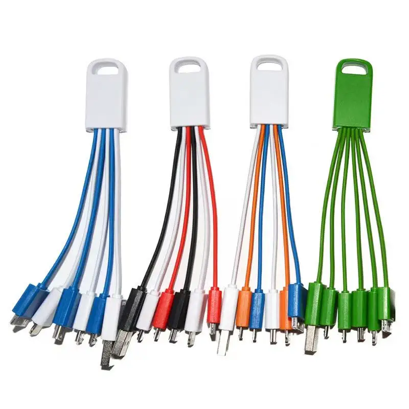 Corporate Promotional Gift Items 5 in 1 Nylon Braided Cable With Dual Sides LED Logo Keychain USB Charging Cable