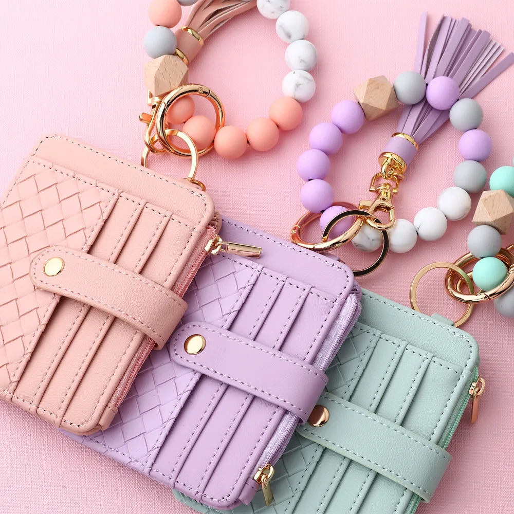 Portable Keys Ring card Holder Silicone beaded bracelet wallet wristlet cardholder Keychain