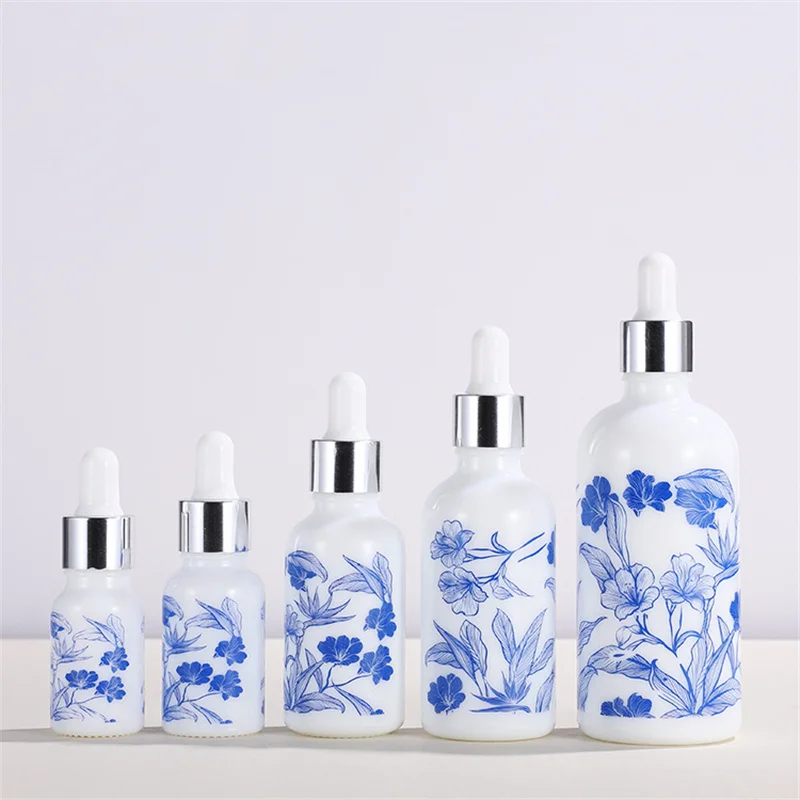 10ml 15ml 30ml 50ml 100ml Cosmetic Serum White Glass Dropper Bottle White Porcelain Printed Oil Dropper Bottle