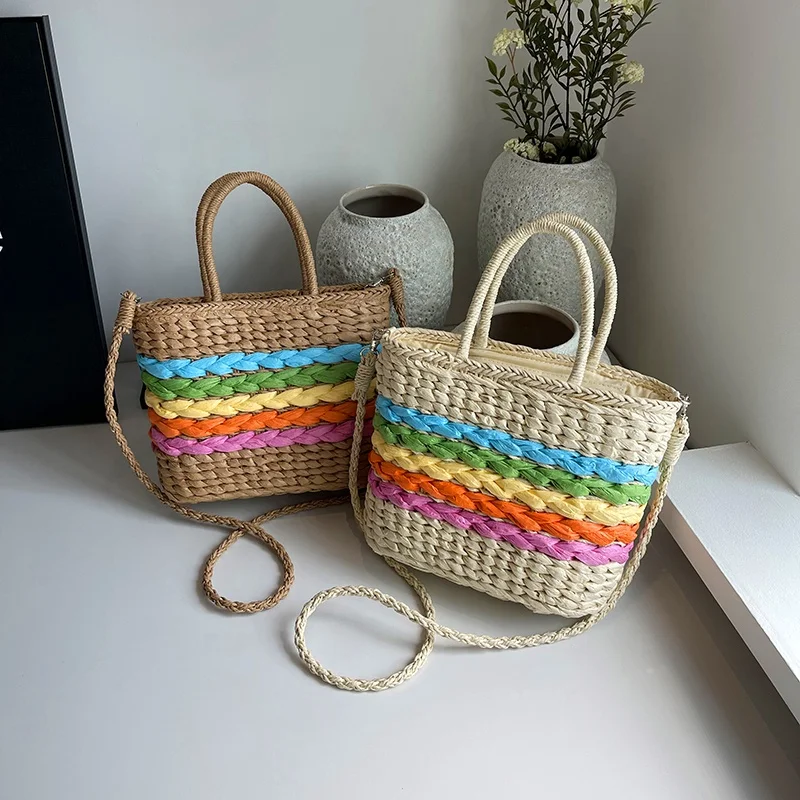 2024 Large Size Woven Straw Handbags Crossbody Rattan Handbag Buscket Bag Ladies Beach Travel Bag for Women