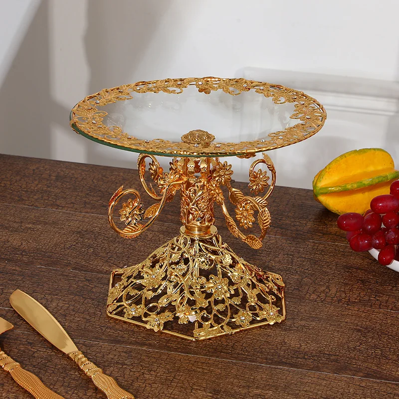 Factory hot sale product Turkish tableware metal frame gold plated round glass dessert cake stand fruit basket