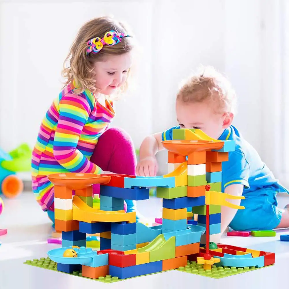 
55-110 Pieces Marble Run Building Blocks Construction Toys Set Race Track For Kids Marble Roller Coaster Blocks Toy 