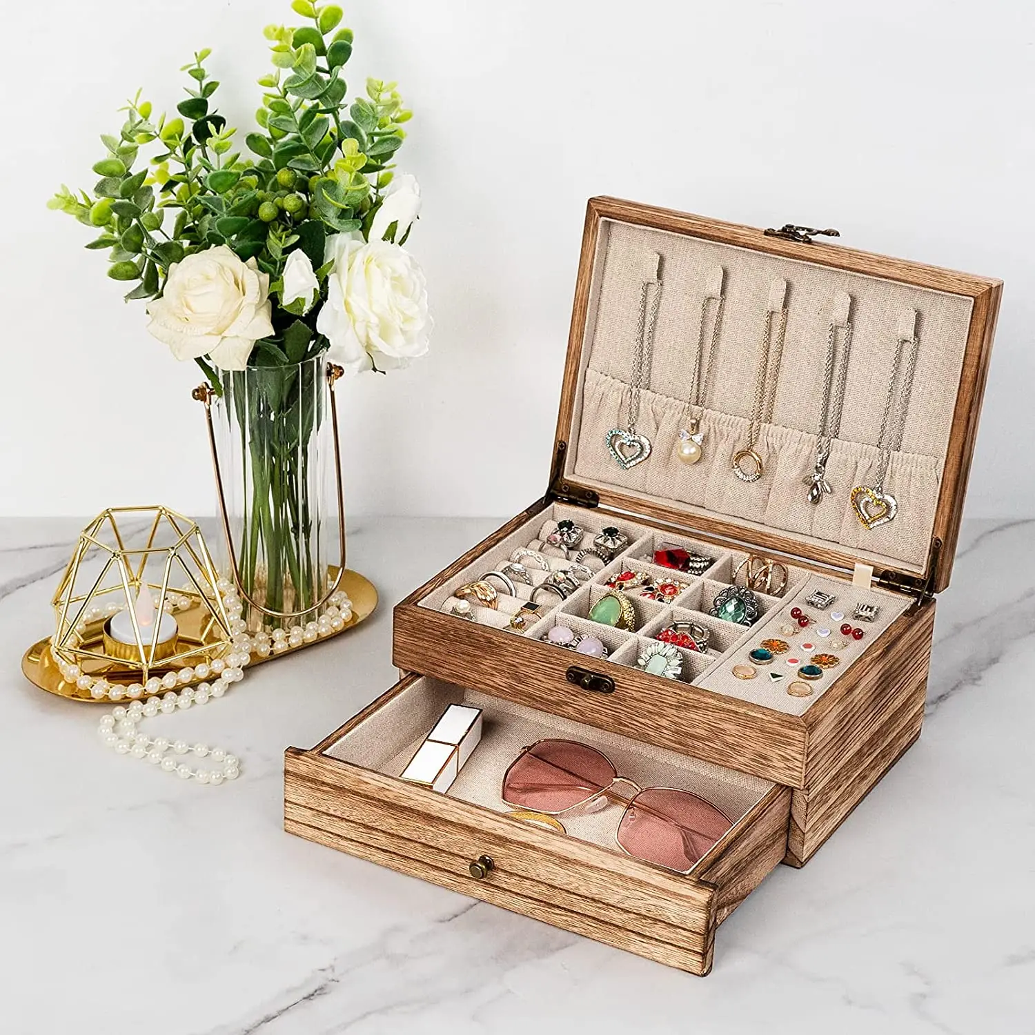 Hot sale vintage wooden earring storage holder container necklace display stand jewelry organizer box with drawer