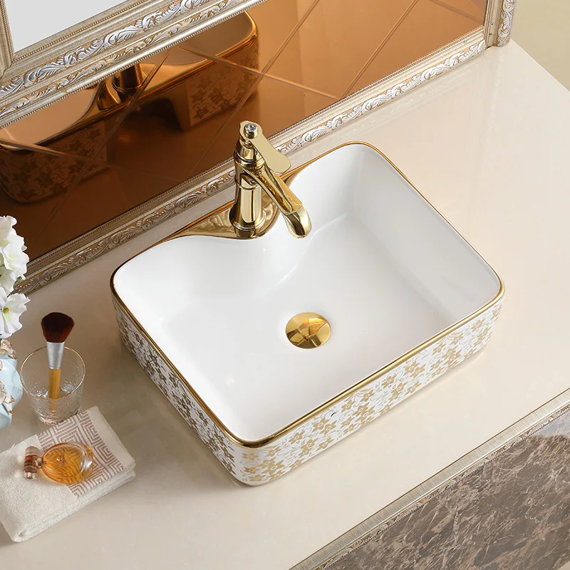 Modern Square Hand Wash Basin Lavabo Ceramic Gold Color Plated Countertop Bathroom Sink