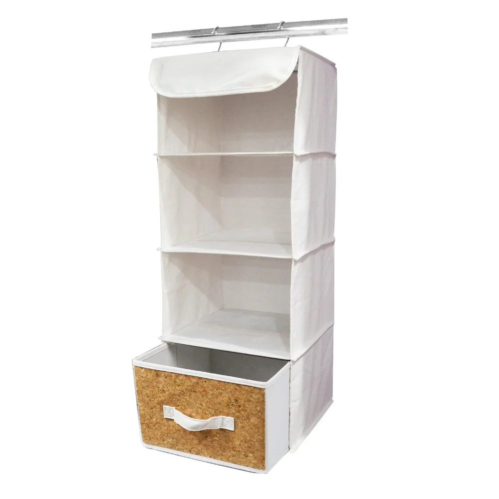 4 Shelves Fabric Wardrobe Storage Holder Hanging Closet Organizer With  metal handles a Drawer Box