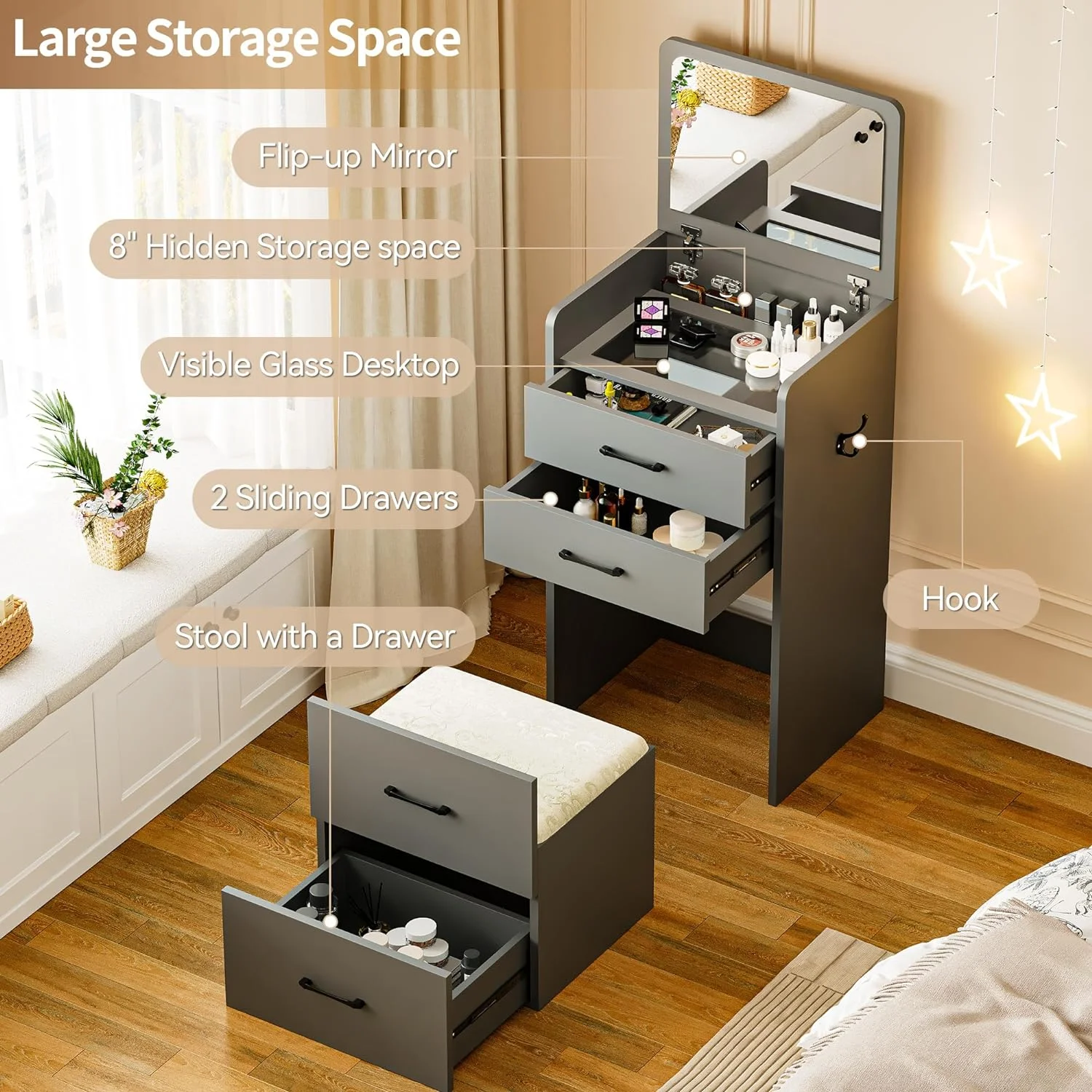 3 in 1 small Vanity Desk with flip Top Mirror Glass Desktop Cushion Tool Dressing Table for Bedroom 3 Drawers