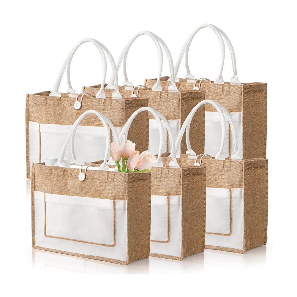 Hot Selling Reusable Natural Linen Hessian Beach Shopping Jute Tote Bag Custom Logo Printed Wholesale