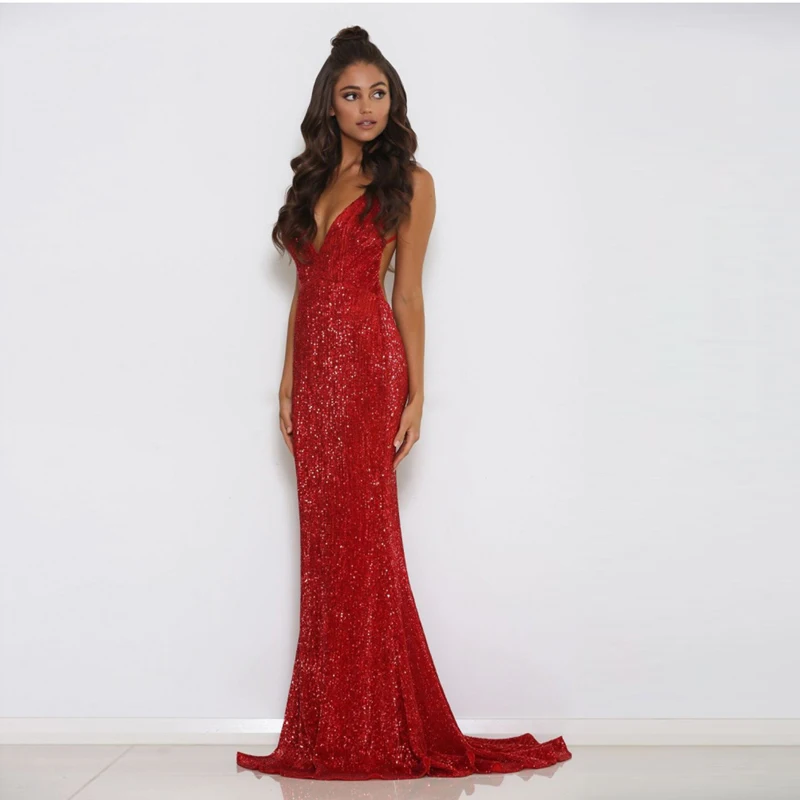 
RED V Neck Padded Full Lining Open Back Party Dress Stretch Hollow Out Backless Sparkle Sequins Wedding Evening Prom Dress 