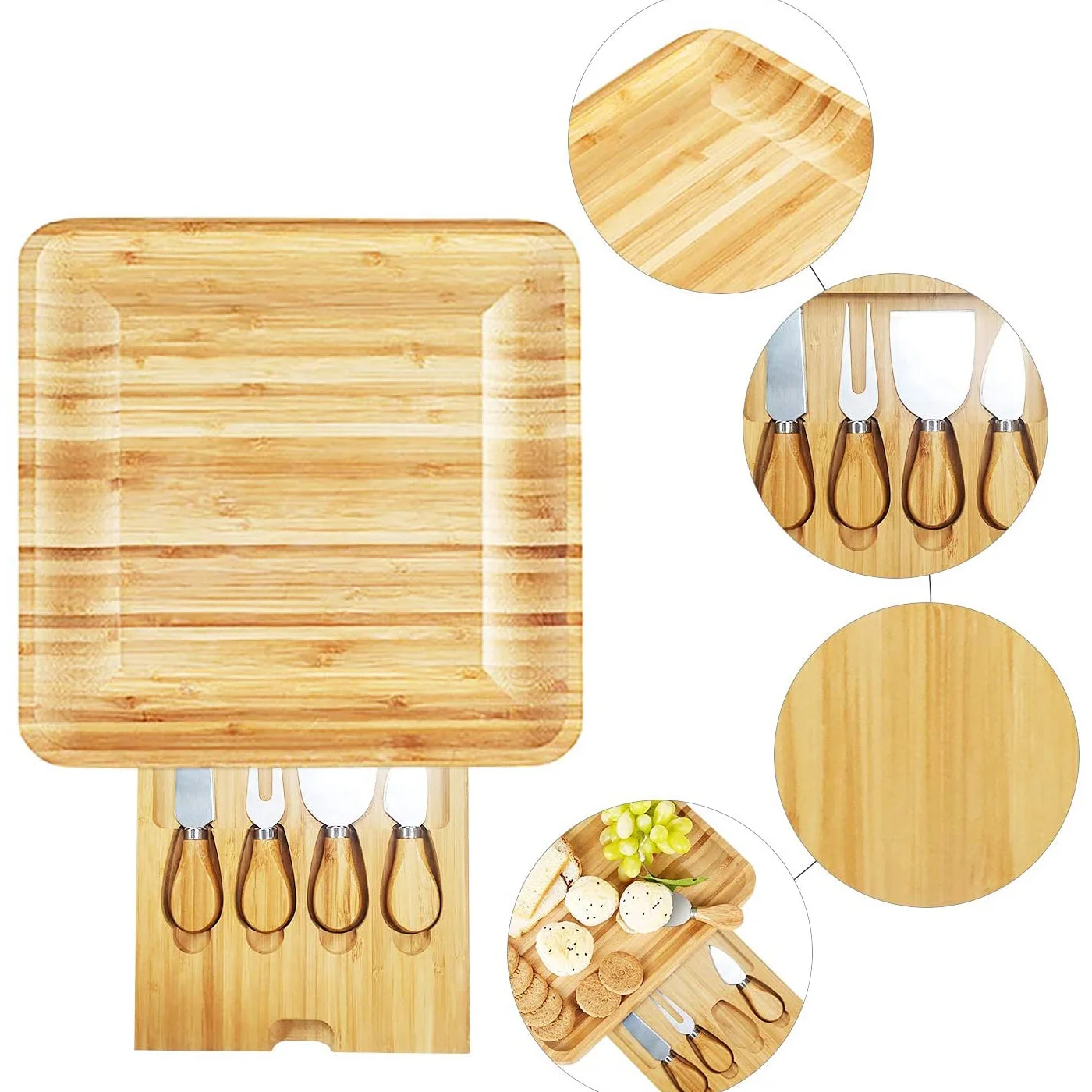 Wholesale Bamboo Tray Premium Wood Handle Charcuterie Cutlery Slide-out Drawer Box Cheese Board With Cutting Knife Set