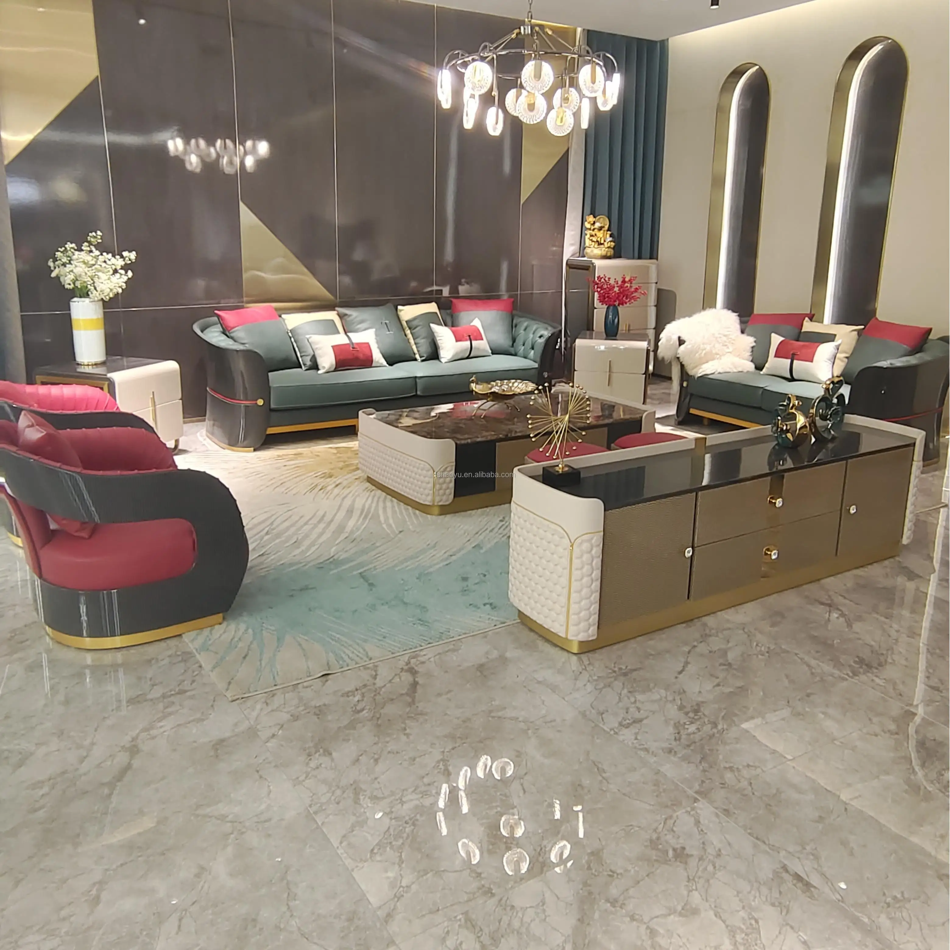 7 seater morden sofa set luxury Italian seating room LivingRoom sofa Furniture light Luxury Wooden trim Curve leather Sofa Sets