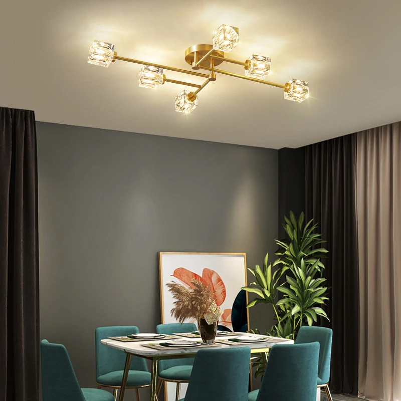 72W/96W/144W Gold Color Nordic Luxury Brass Material Custom Heads Crystal LED Ceiling Mounted Chandelier