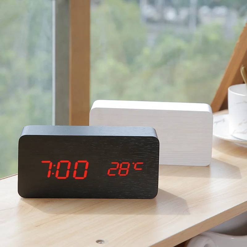 LED digital alarm clock with indoor temperature and humidity digital wood table clock wooden desk alarm clock despertador reloj