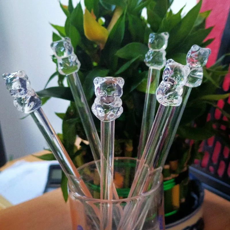 Eco-Friendly Product Colorful High borosilicate Glass Stirring Rod with Cute Bear Muddler with Round End for Milk and Wine