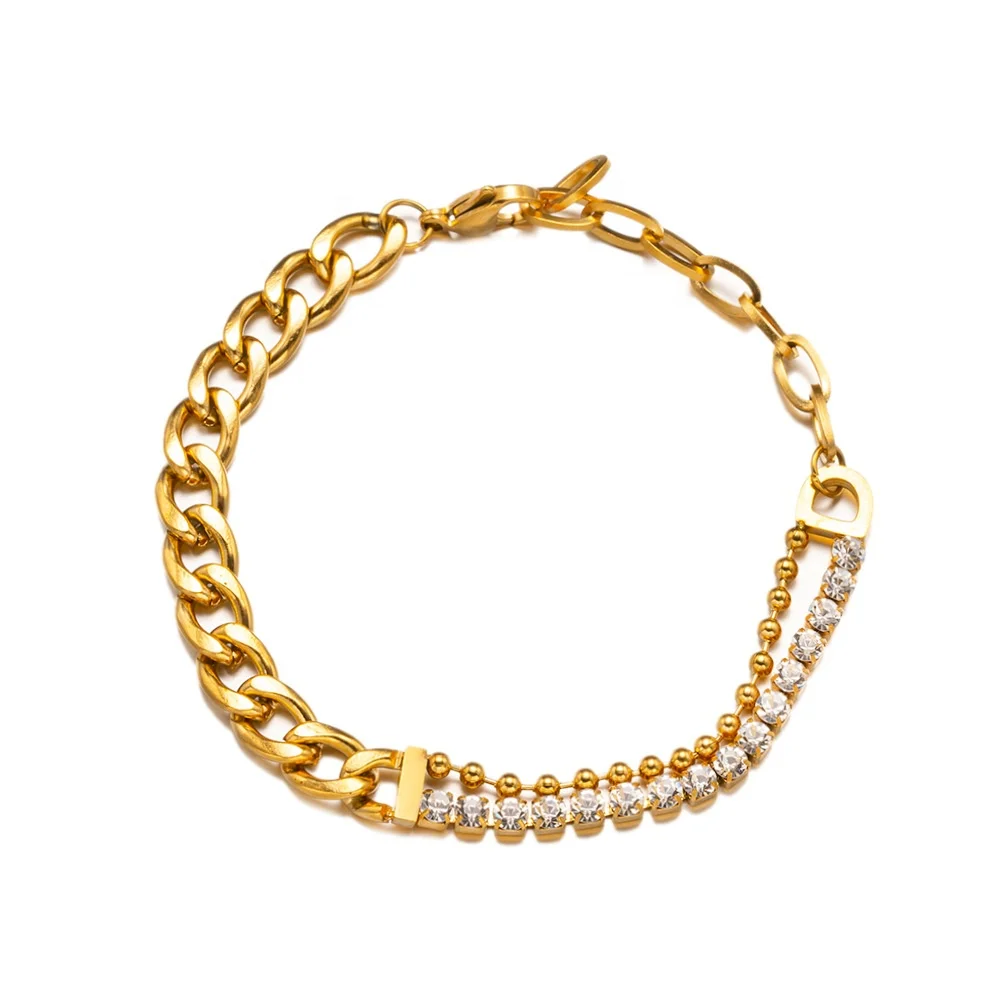 Cross-border Europe and the United States thick bracelet asymmetrical diamond bead double chain titanium steel hip hop simple