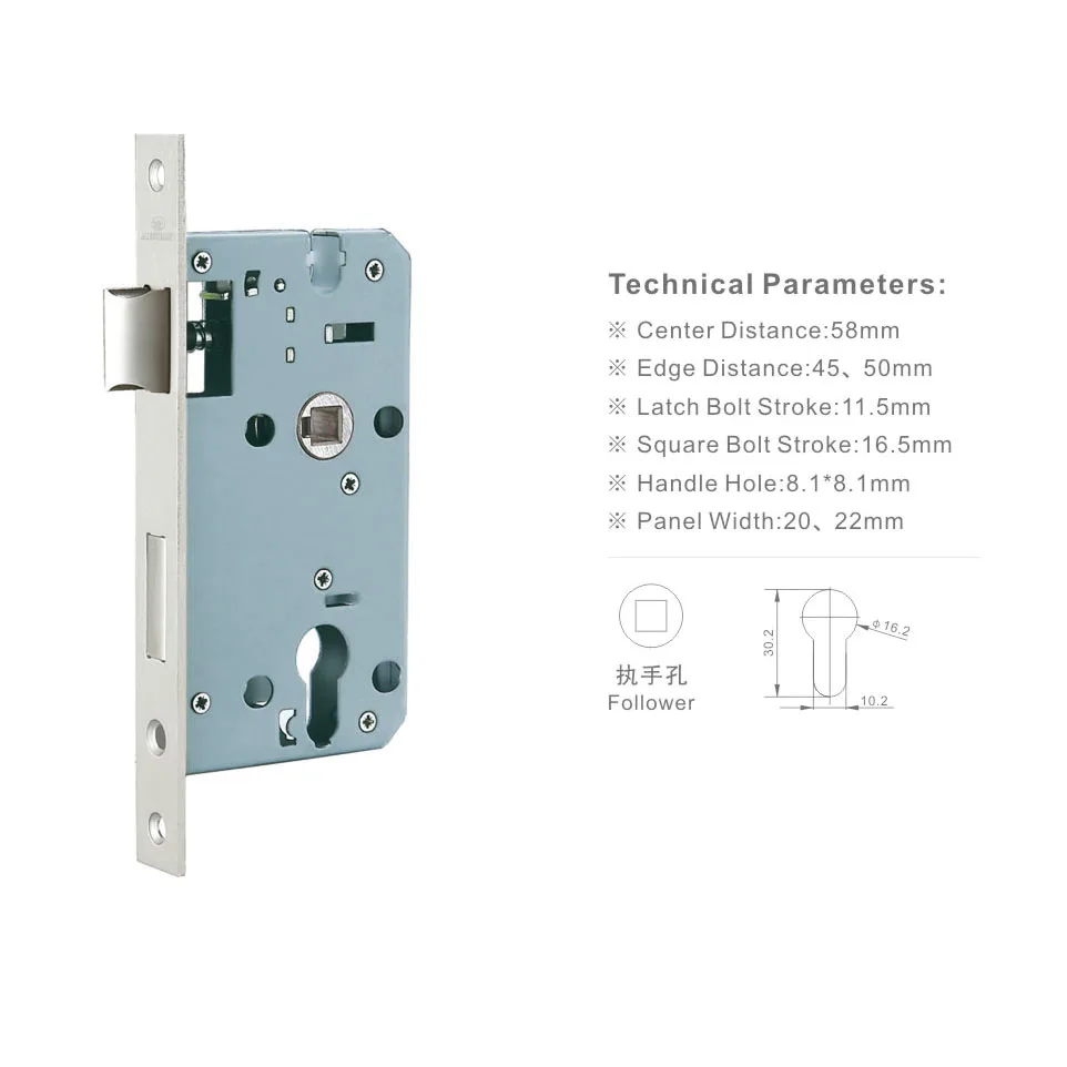 5845 mm Distance Stainless Steel Mortise Lock Door Lock Body In High Security Standard