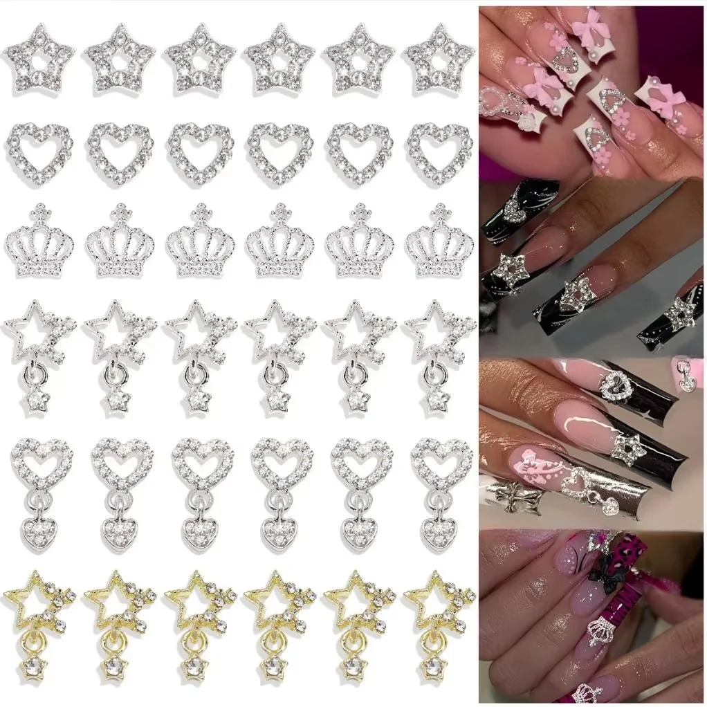 Новый дизайн роскошные 3D амулеты для дизайна ногтей блестящие кулон с кристаллами из сплава в виде звезды сердца металлические кулоны